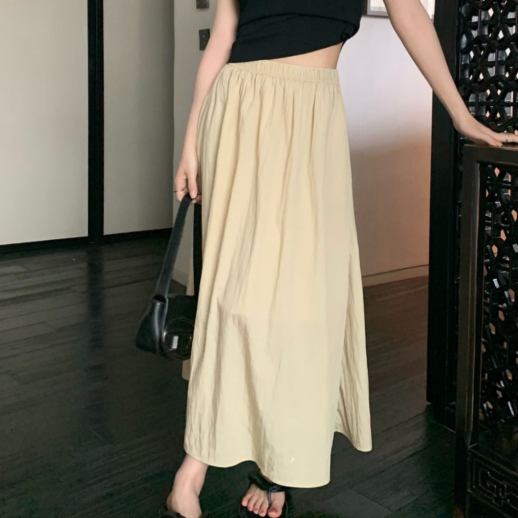 Phong Cách Mới Của Các Nàng Nếp Gấp Mùa Hè Váy Dài Vừa Phải Chân Váy Chữ A Lưng Cao