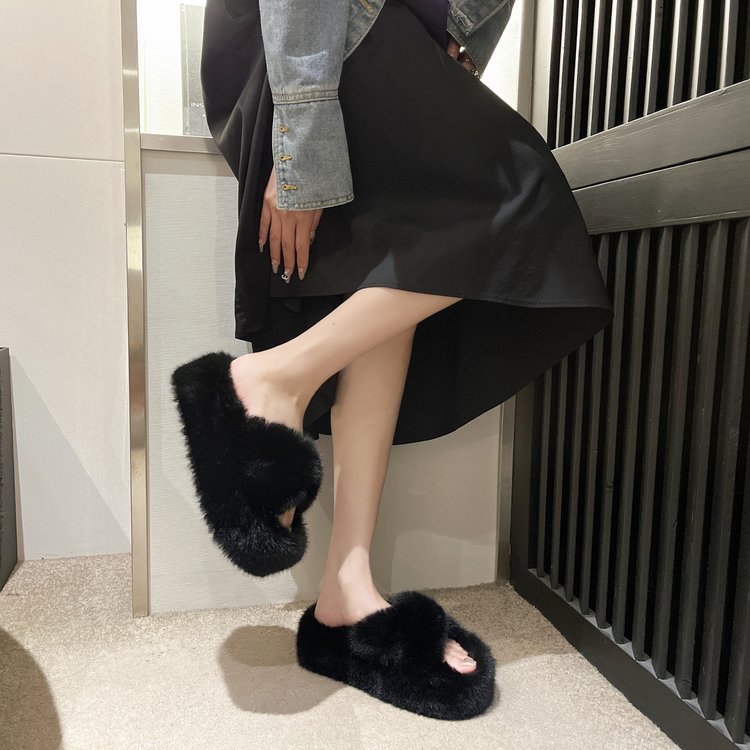 Dép Bông Quai Chéo Màu Sắc Trơn Đế Bằng Phối Lông Nhân Tạo Phong Cách Hàn Quốc