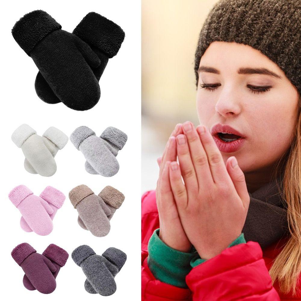 Găng Tay Len Hai Lớp Dày Dặn Ấm Áp Màu Trơn Bảo Vệ Ngón Tay Khi Đạp Xe Mùa Đông