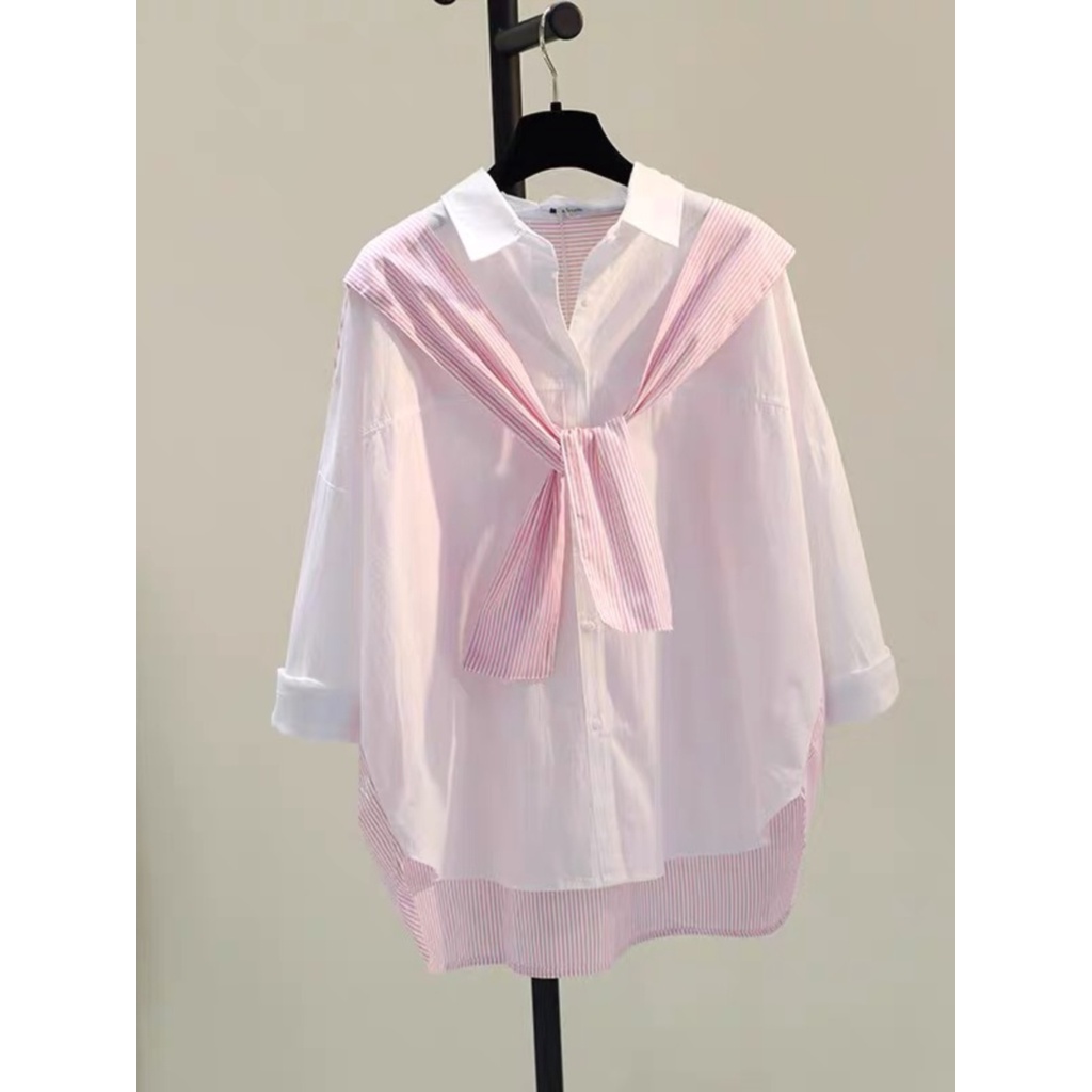 Qunz Bán Buôn Áo Sơ Mi Ghép Nối Khăn Choàng Thanh Dọc 7036