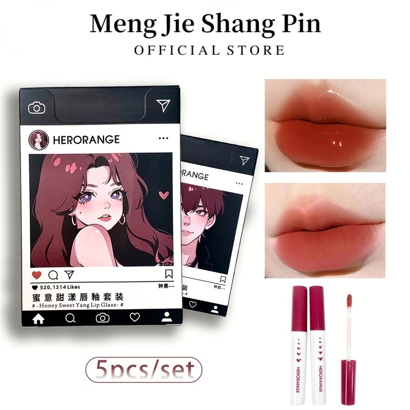 Bộ 5 Thỏi Son Môi HERORANGE Màu Lì Và Son Bóng Tạo Hiệu Ứng Gương Mịn Màng
