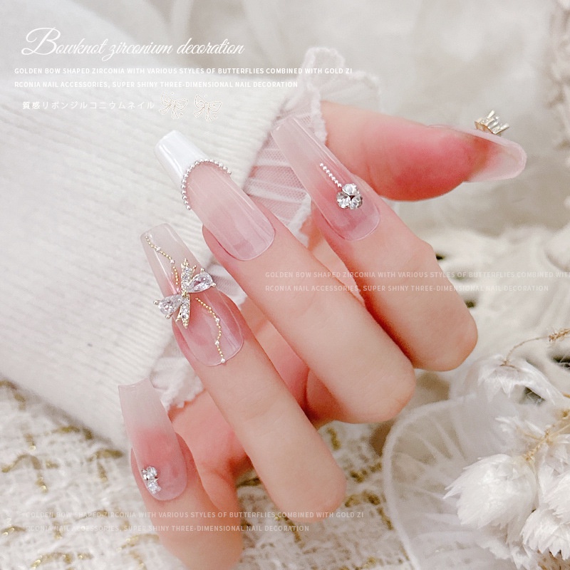 Trang sức nghệ thuật móng tay nơ vàng mạ zircon / Dây buộc kim cương gắn móng tay bằng kim loại không phai màu