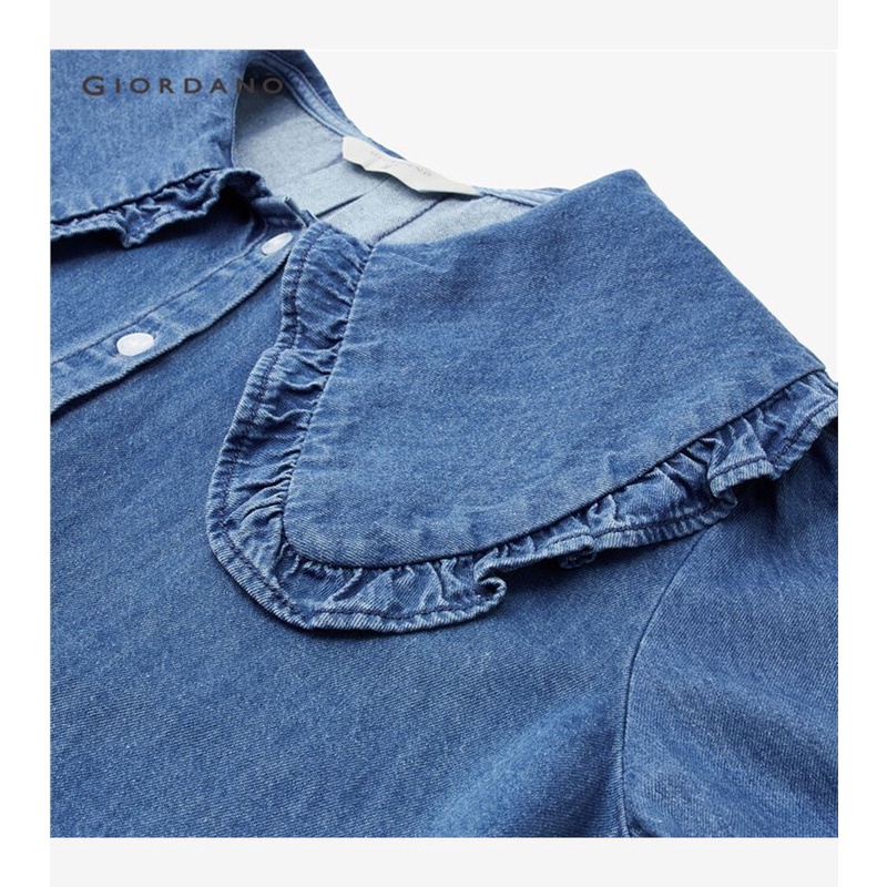 GIORDANO WOMEN Doll collar long sleeve loose denim shirt 13343802