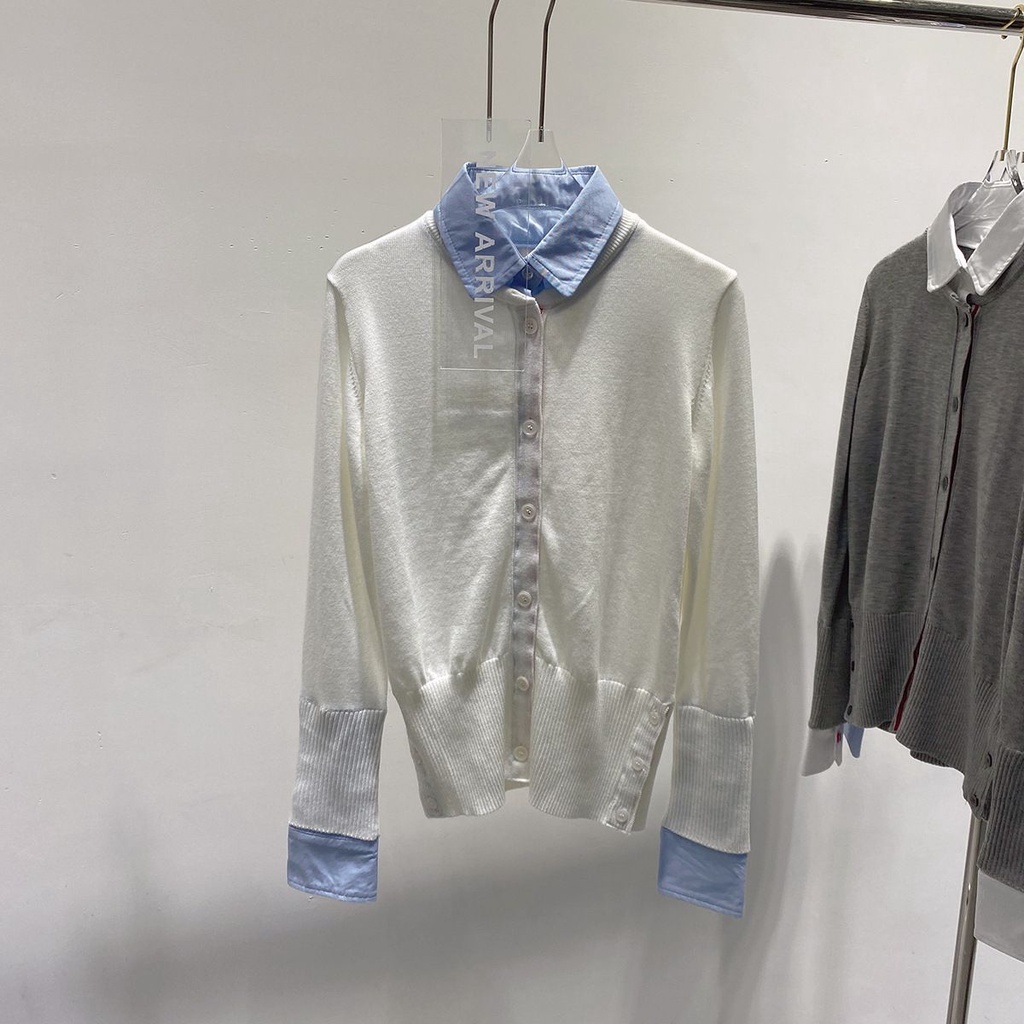 MVDM Thom Browne college style two-piece spring clothes 2023 new fashionable lapel shirt fake two-piece aging slim knit cardigan