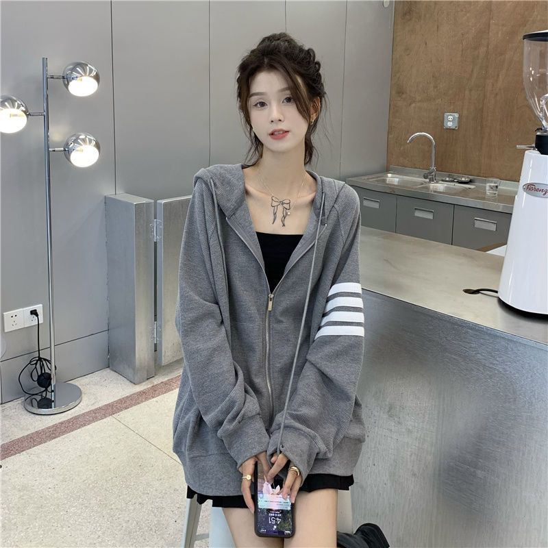 Áo Khoác Hoodie Mỏng Dáng Rộng Màu Xám Có Khóa Kéo Phong Cách Hàn Quốc Thời Trang Xuân Thu Hàng Mới 2022