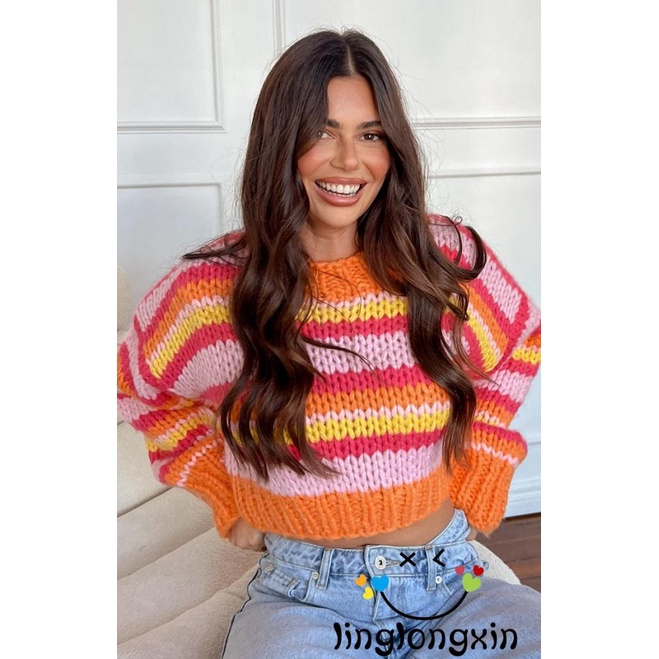 Áo sweater Tay Dài Cổ Tròn Dáng Rộng Phối Màu Cầu Vồng Phong Cách vintage linglongxi2