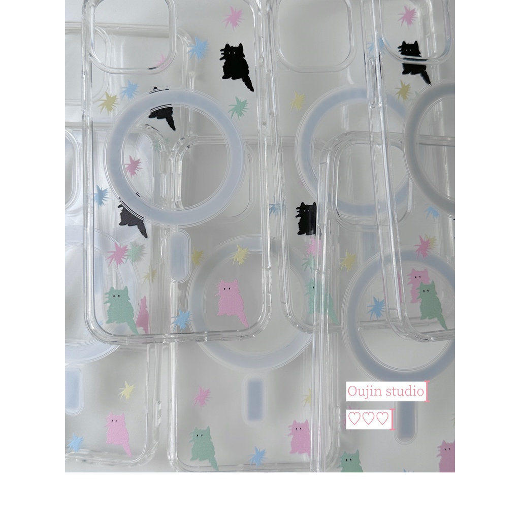 Bao Da Điện Thoại Từ Tính Không Dây In Hình Mèo Nhiều Màu Dễ Thương Cho 15pro / 13 / 14promax / 12 / 11 / x Ốp
