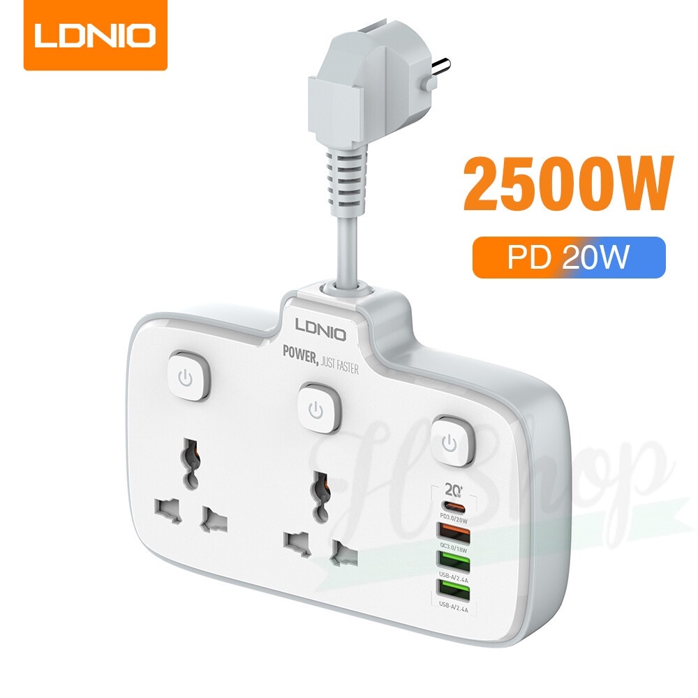 Ổ cắm điện LDNiO SC2413, 2 lỗ cắm  + 3 USB , sạc nhanh PD & QC 3.0, đầu ghim EU 2 chấu tròn