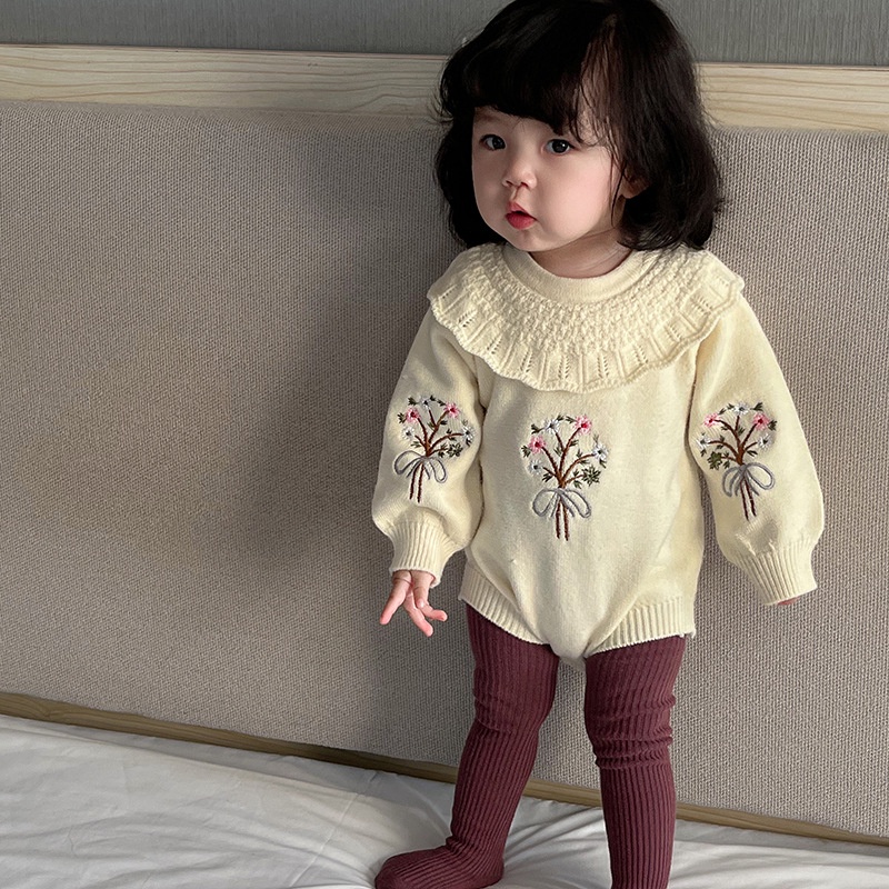 Áo Len Dệt Kim Tay Dài Cổ Bèo Thêu Hình Đáng Yêu Cho Bé Gái