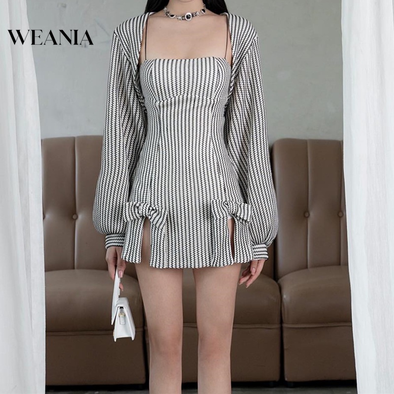 Set Đầm mini 2 Món Tay Phồng Dài Thiết Kế Xẻ Tà Kẻ Sọc Đính Nơ Thời Trang Mới Cho Nữ