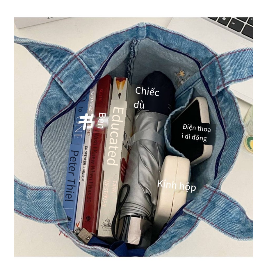 ENVIROSAX Cartoon thêu quần bò công suất lớn túi xách sinh viên túi xách dễ thương nữ