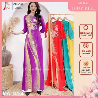 K150 Áo dài Truyền thống nền tím óng ánh hoa ngực vải lụa Nhật mềm mại, co giãn, áo dài Thúy Kiều giá rẻ đẹp