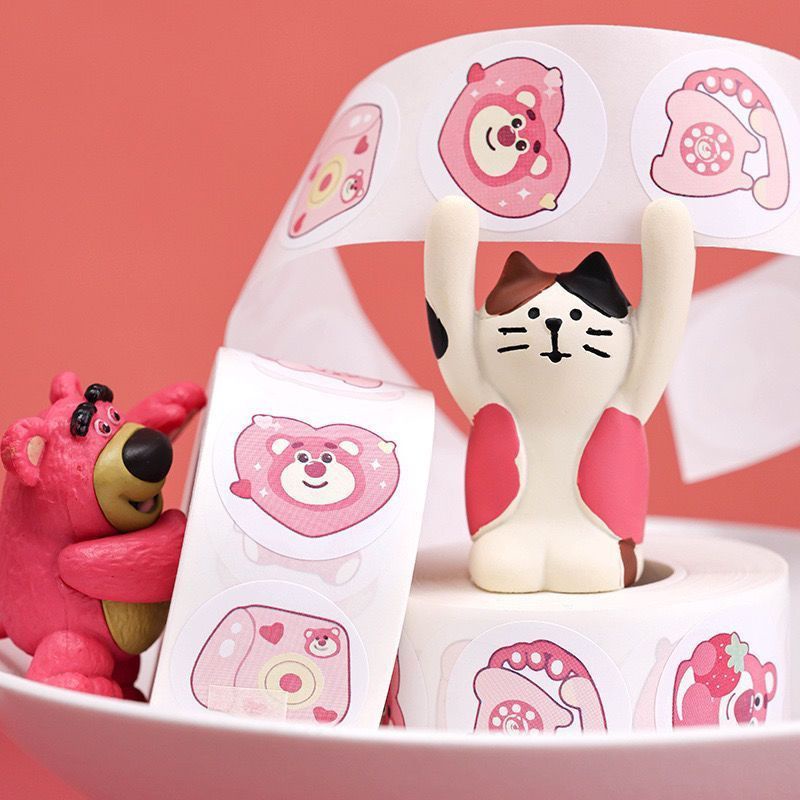 Bộ 500 Miếng Dán Tự Dính Hình Tròn Họa Tiết Gấu Dâu Tây Dễ Thương