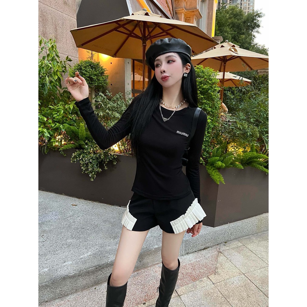 GRQF MIU MIU 23 autumn and winter New round neck embroidered letter bottoming shirt for women fashion all-match casual slim T-shirt for women