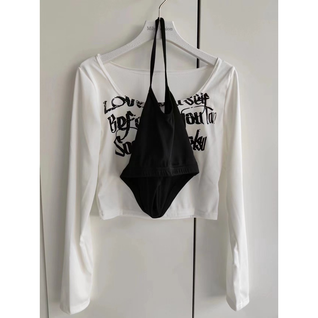 Milyfashion Bộ Áo Thun Hai Dây In Phông Chữ gothic Màu Trơn Thời Trang Mùa Thu Cho Nữ