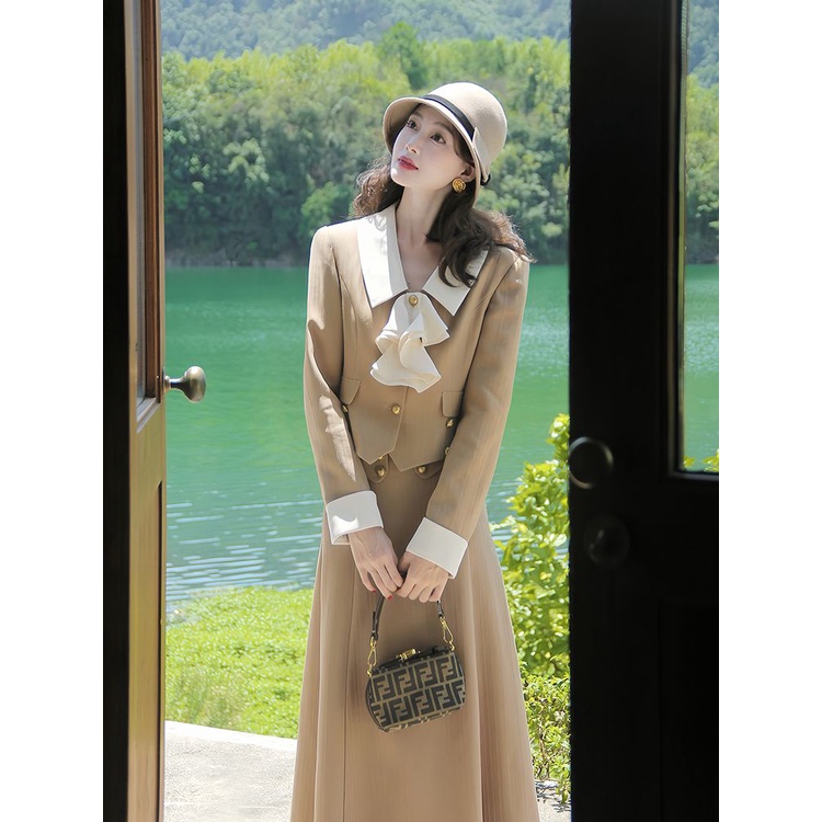 Đầm Nữ Màu Sắc Tương Phản Phong Cách retro Thời Trang Mùa Thu 2023