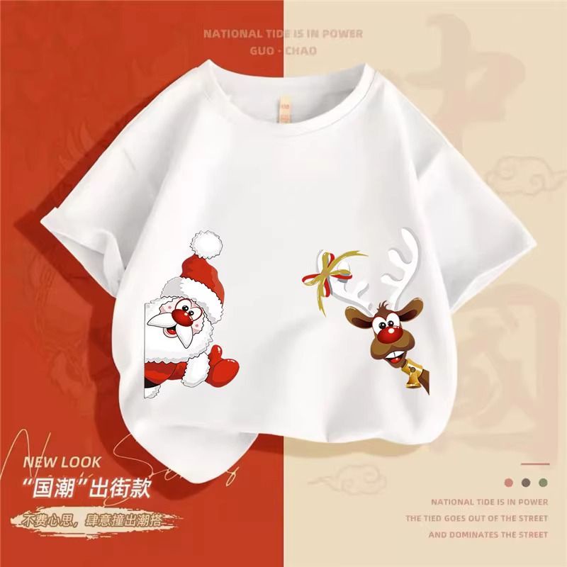 Áo Thun cotton Ngắn Tay Màu Đỏ Đồng Phục Học Sinh In Hình Tuần Lộc Giáng Sinh Cho Bé Trai Và Bé Gái