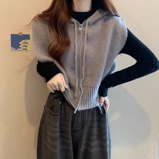 Áo Khoác cardigan Dệt Kim Mềm Dáng Rộng Ngắn Có Mũ Trùm Phối Khóa Kéo Thời Trang Mùa Thu 2023