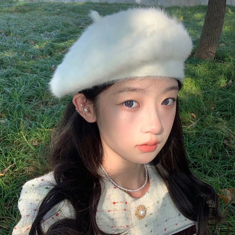 Mũ Nồi Lông Trắng Phong Cách Họa Sĩ Nhật Bản Thời Trang Thu Đông Cho Nữ