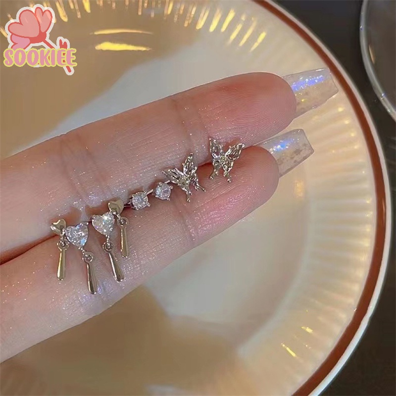 1 set Bông Tai Pha Lê Hình Trái Tim / Bướm Thời Trang Lãng Mạn Cho Nữ