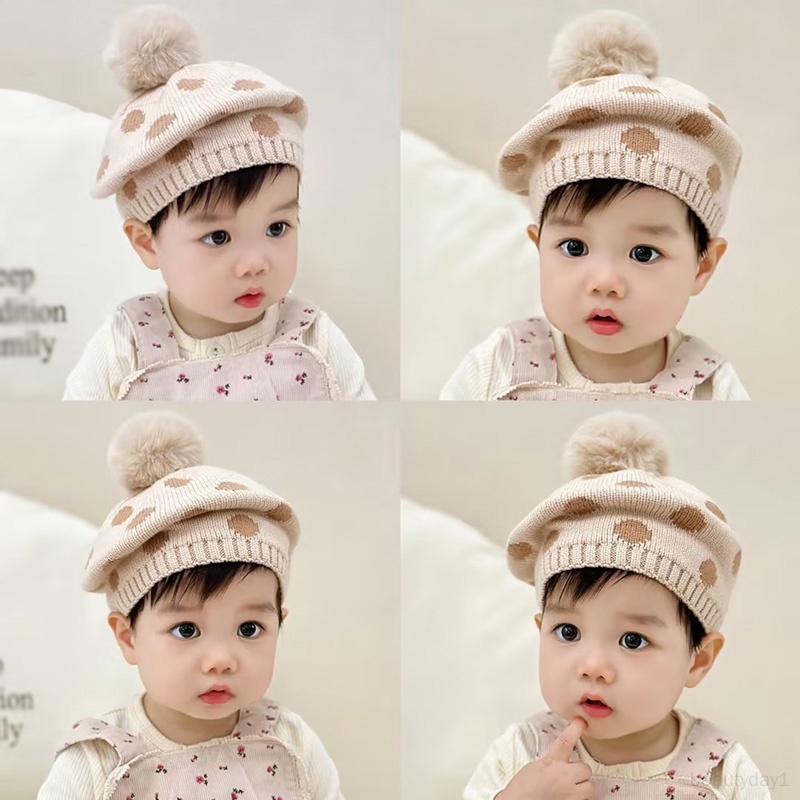 Mũ Nồi Dệt Kim Co Giãn Đính Quả Bông Dễ Thương Cho Bé Gái