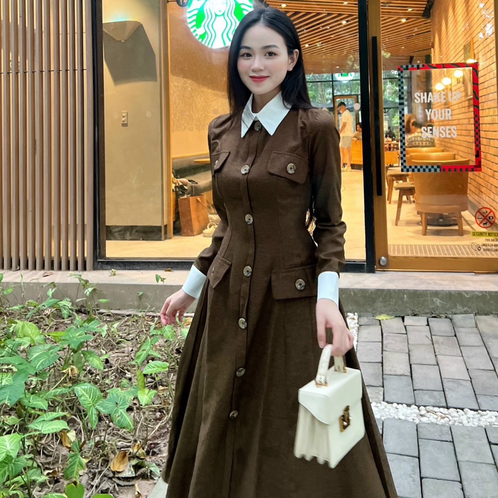 Đầm sơ mi tiểu thư phối cúc đơn giản sang