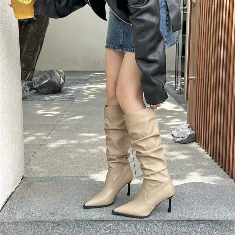 Giày Bốt Cao Gót Da pu Mũi Nhọn Màu Trơn Thời Trang Cao Cấp