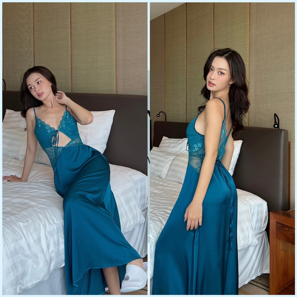 Đầm Ngủ Dáng Dài 2 Dây Phối Ren Cut Out Ngực Sexy Freesize Lụa Latin Cao Cấp