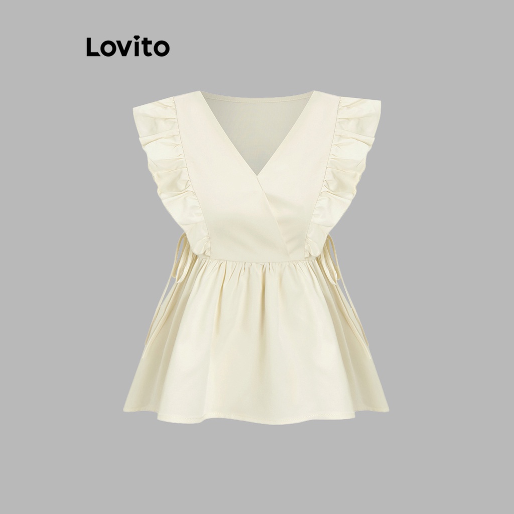Lovito Áo kiểu thường ngày quấn ren xà lách trang trí cho nữ L68ED004 (Mơ/Đen)