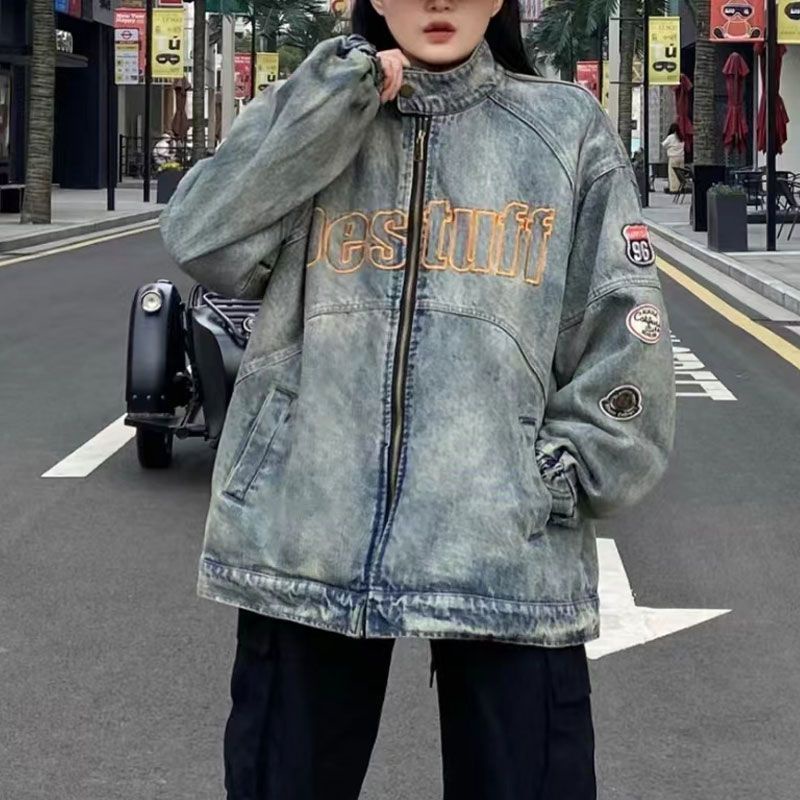 Áo Khoác Jean Dáng Rộng Có Khóa Kéo Thêu Họa Tiết Phong Cách Cổ Điển Hồng Kông Cho Nam Và Nữ zyq147