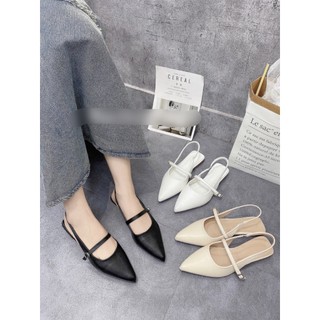 sandal mũi nhọn da lì đế thấp