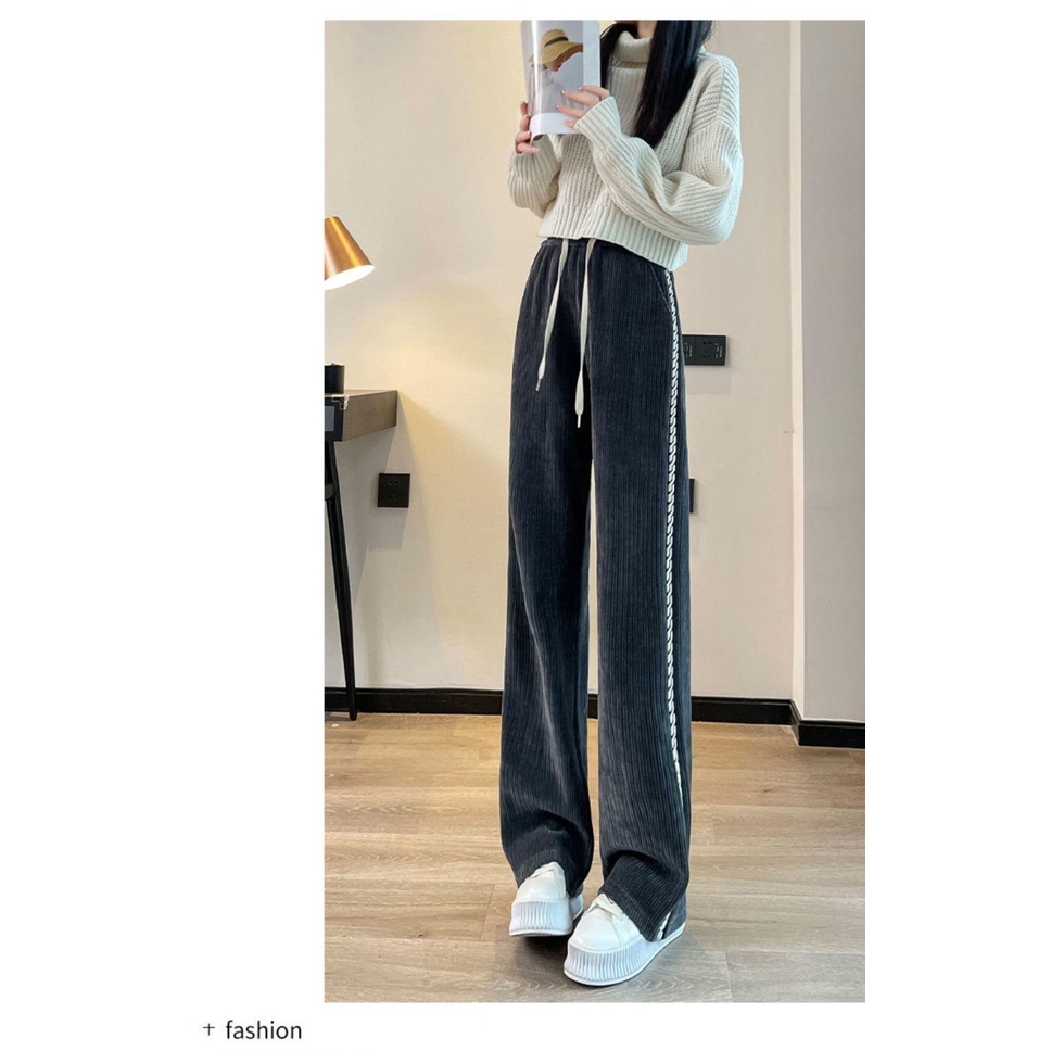 Quần Ống Rộng Cạp Cao Vải Lông Dày Mùa Thu Và Mùa Đông