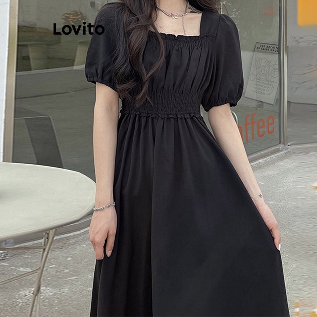 Đầm Lovito tay phồng xếp nếp màu trơn thường ngày cho nữ LNA17131 (màu đen)