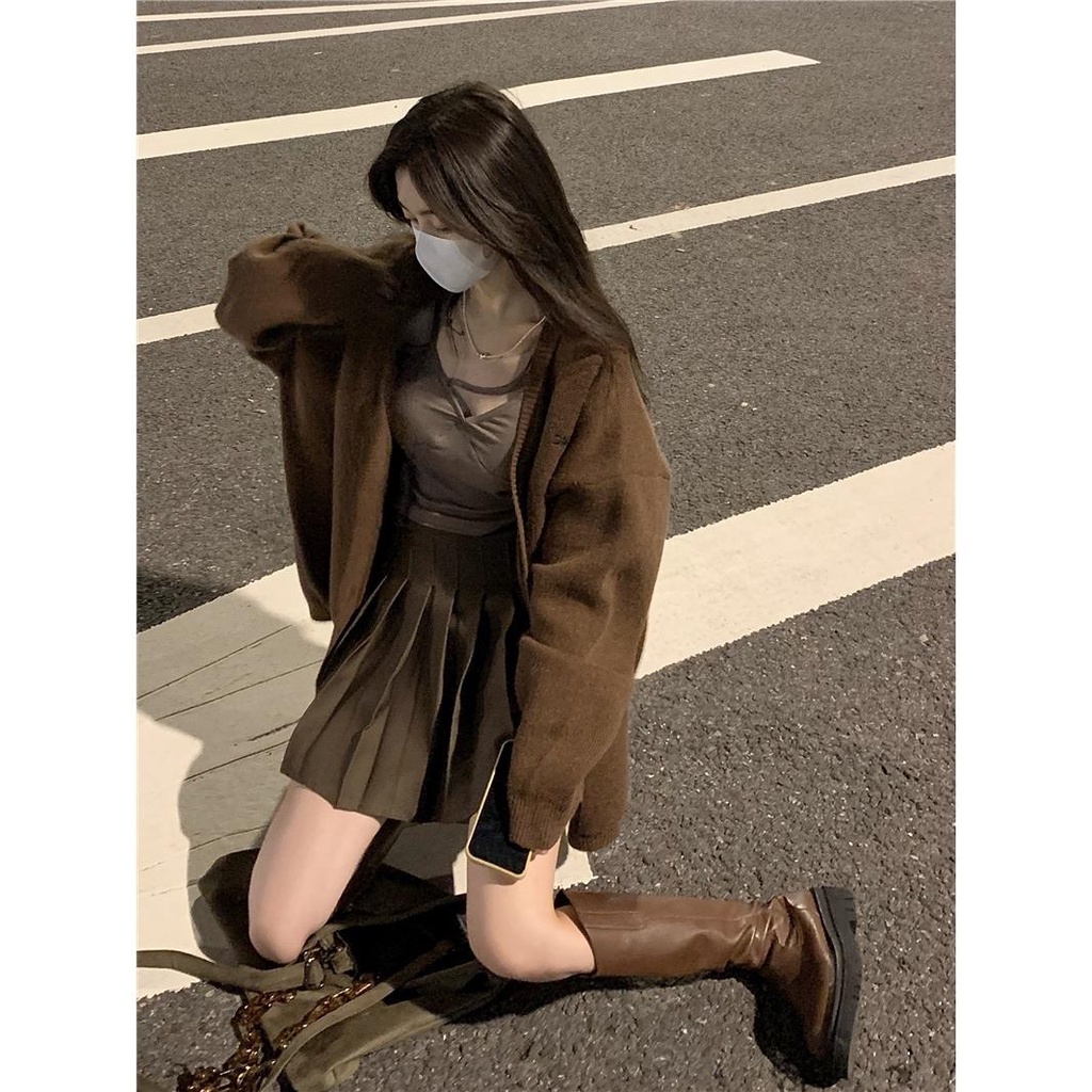 Xindahui Áo Khoác cardigan Dệt Kim Màu Cà Phê Thời Trang Thu Đông 2023 Cho Nữ