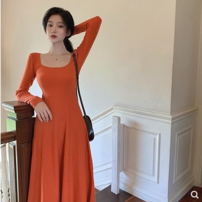 Đầm Midi Cổ Vuông Tay Dài Dáng Ôm Thời Trang Mùa Thu 2023 Phong Cách Pháp Cổ Điển Hàng Mới