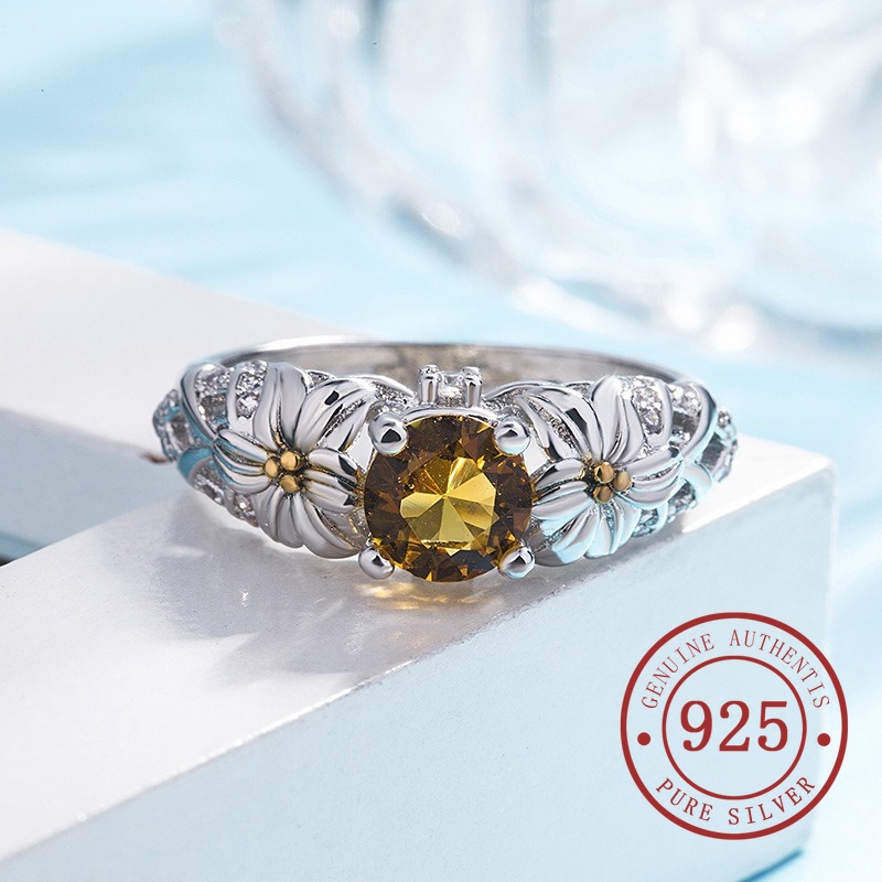 Nhẫn Mạ Bạc 925 Hình Hoa Hướng Dương Đính Kim Cương Vàng Sang Trọng Phong Cách Âu Mỹ