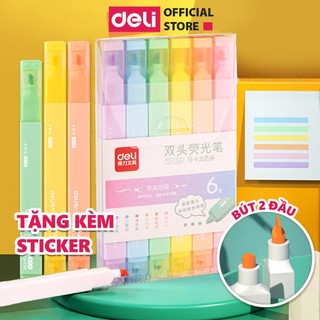 Set 6 bút highlight 2 đầu Bút nhớ dòng đánh dấu màu pastel tươi sáng Deli dạ quang cho học sinh văn phòng tặng sticker