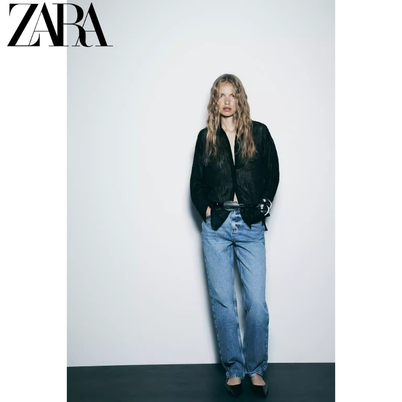 Hàng Mới Về zara Áo Thun Dáng Rộng Màu Đen Phối Đường Chỉ Kim Loại Thời Trang Mùa Đông Cá 7969248