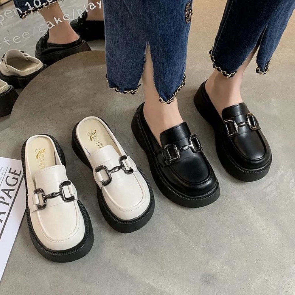 Giày Sục Nữ Da Mềm Phối Xích Đế Cao 5cm