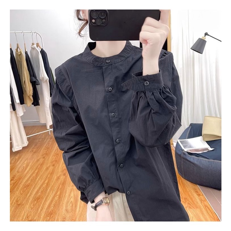 Áo Sơ Mi cotton Cổ Đứng Tay Dài Phồng Dáng Rộng Thời Trang Mùa Thu Hàn Quốc 2023 Dành Cho Bạn Nữ