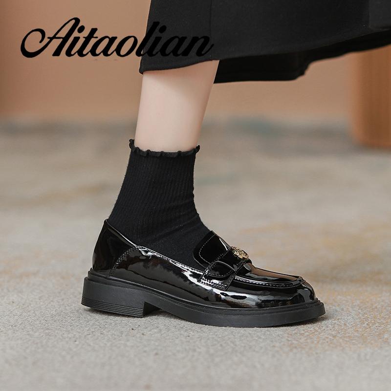 Giày Cao Gót 3.5cm Chất Liệu Da Đế Bằng Mũi Tròn Phong Cách mary jane retro Cho Nữ