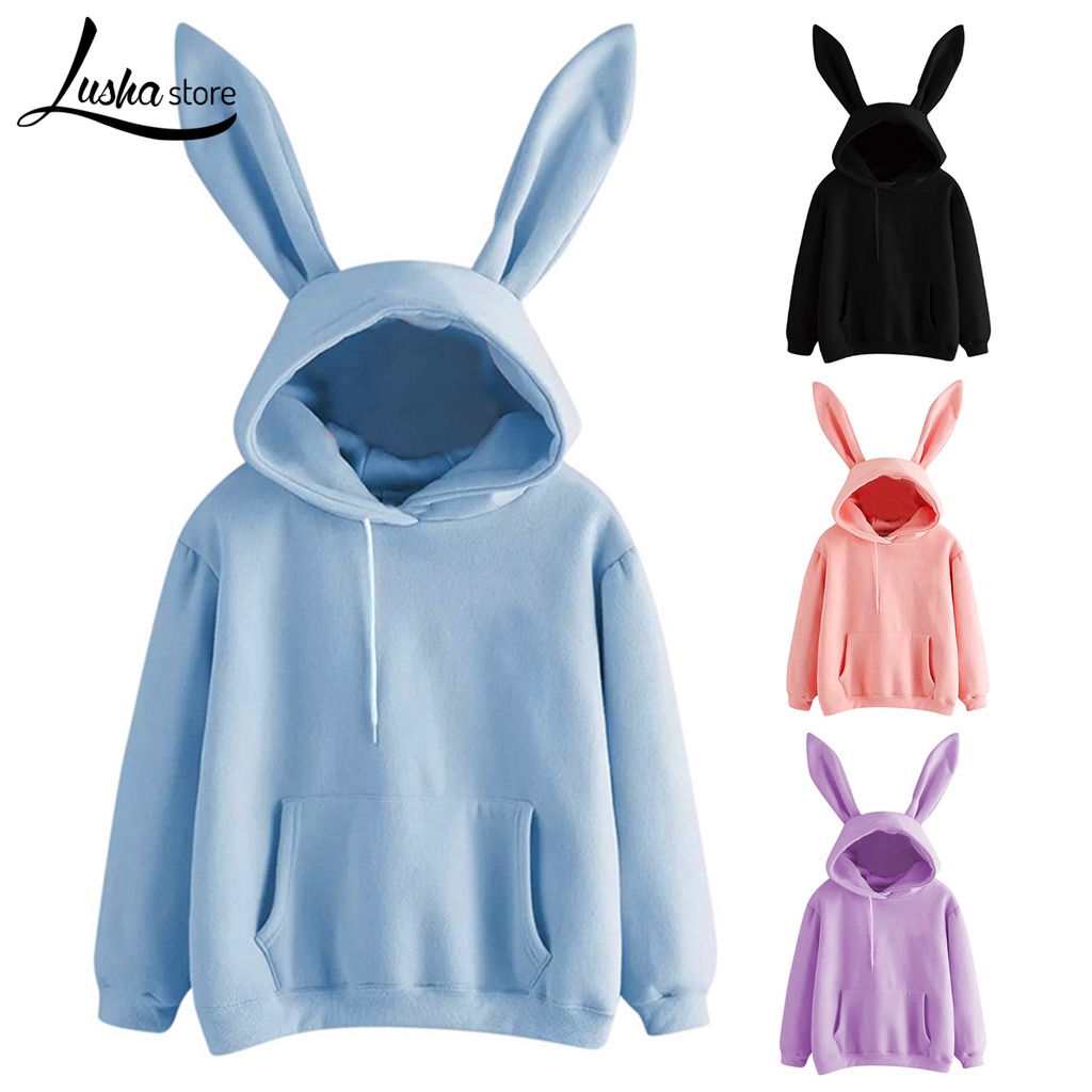 Áo hoodie Tai Thỏ Dài Màu Trơn Ấm Áp Dễ Thương Cho Nữ