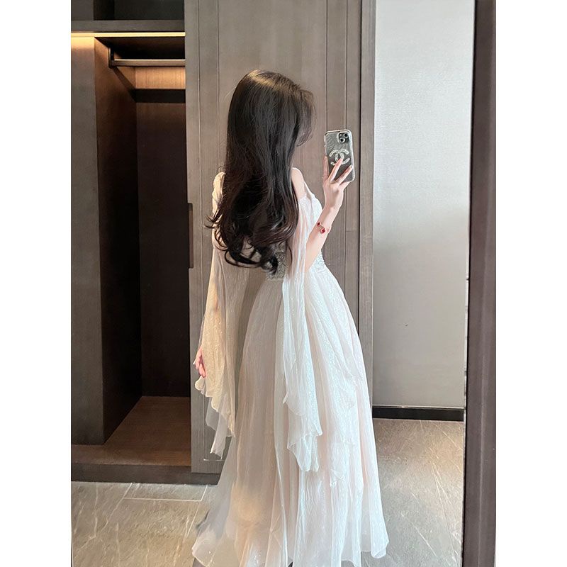 Đầm Sườn Xám Cách Tân Trễ Vai Dài Tay Thời Trang Dành Cho Nữ