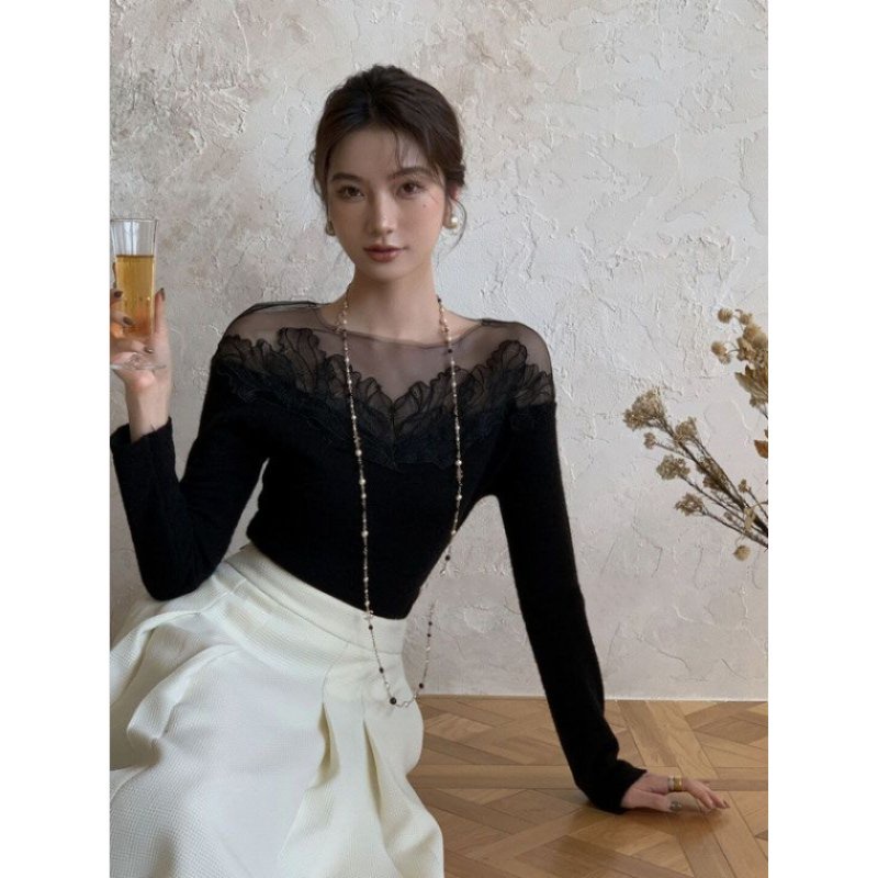 Áo Kiểu Tay Dài Trễ Vai Phối Ren Lưới Phong Cách Pháp