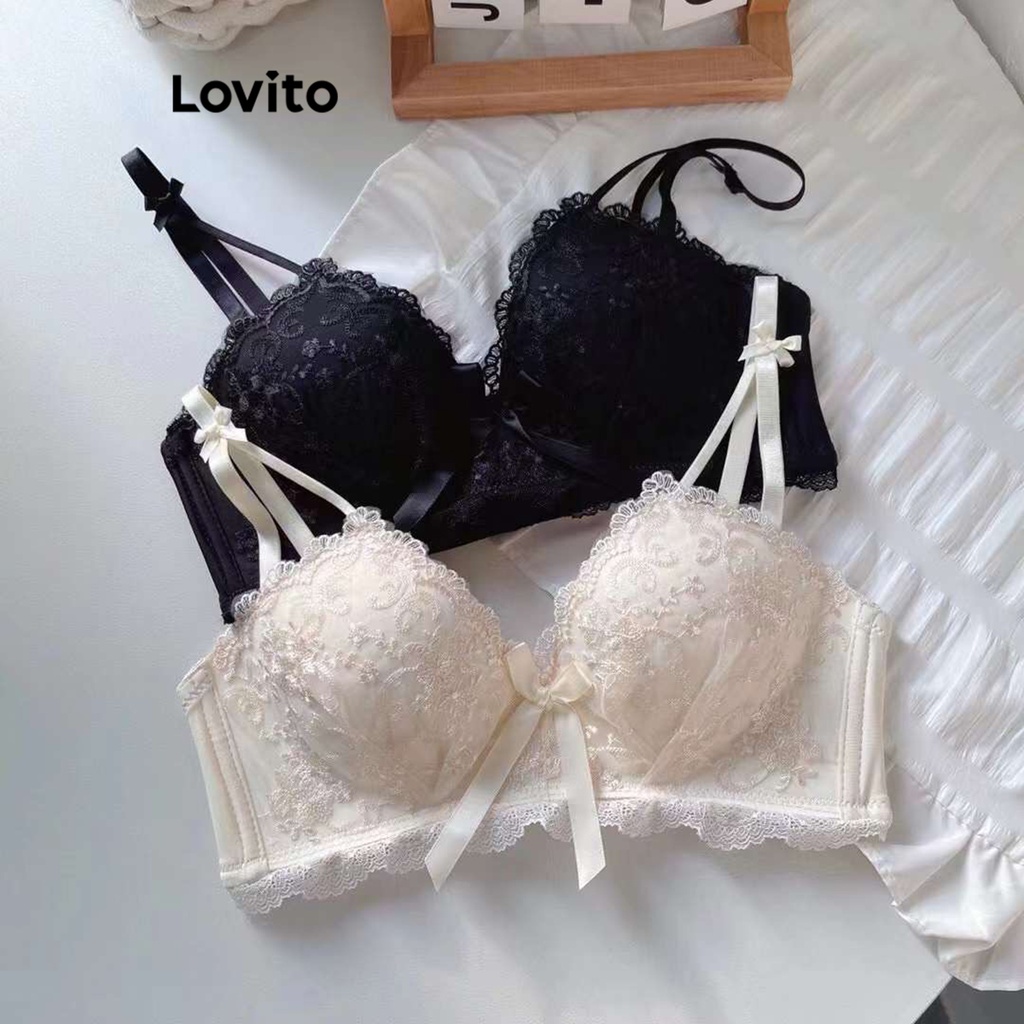 Áo ngực Lovito phối ren màu trơn thường ngày cho nữ LNE29034 (màu trắng ngà/ đen)