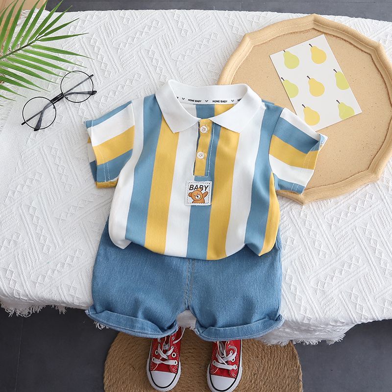 Bộ Áo polo Ngắn Tay Kẻ Sọc + Quần short denim Thời Trang Mùa Hè Hàn Quốc Mới Cho Bé Trai