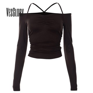 VesGlory Nữ Crop Top Thời Trang Màu Trơn Tay Dài lệch Vai ÁoSlim Fit