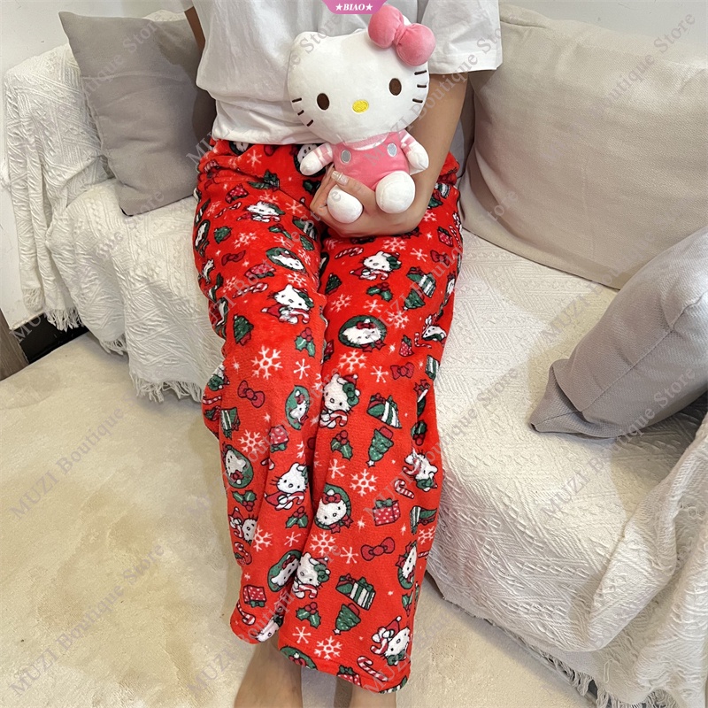 Sanrio Quần Ngủ Chất Nhung Mềm Mại Co Giãn Thoải Mái In Họa Tiết Hoạt Hình hello kitty Dễ Thương Cho Nữ