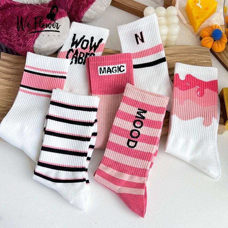 We flower Vớ cotton Cổ Cao Họa Tiết Kẻ Sọc Trắng Hồng Ngọt Ngào Thời Trang Thường Ngày Cho Nữ