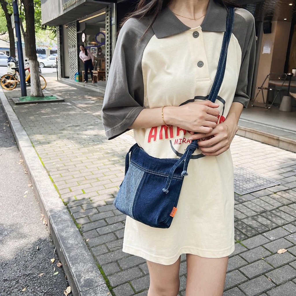 Túi Đeo Chéo Vải denim Mềm Màu Xanh Dương Có Dây Đeo Thời Trang Cho Nữ